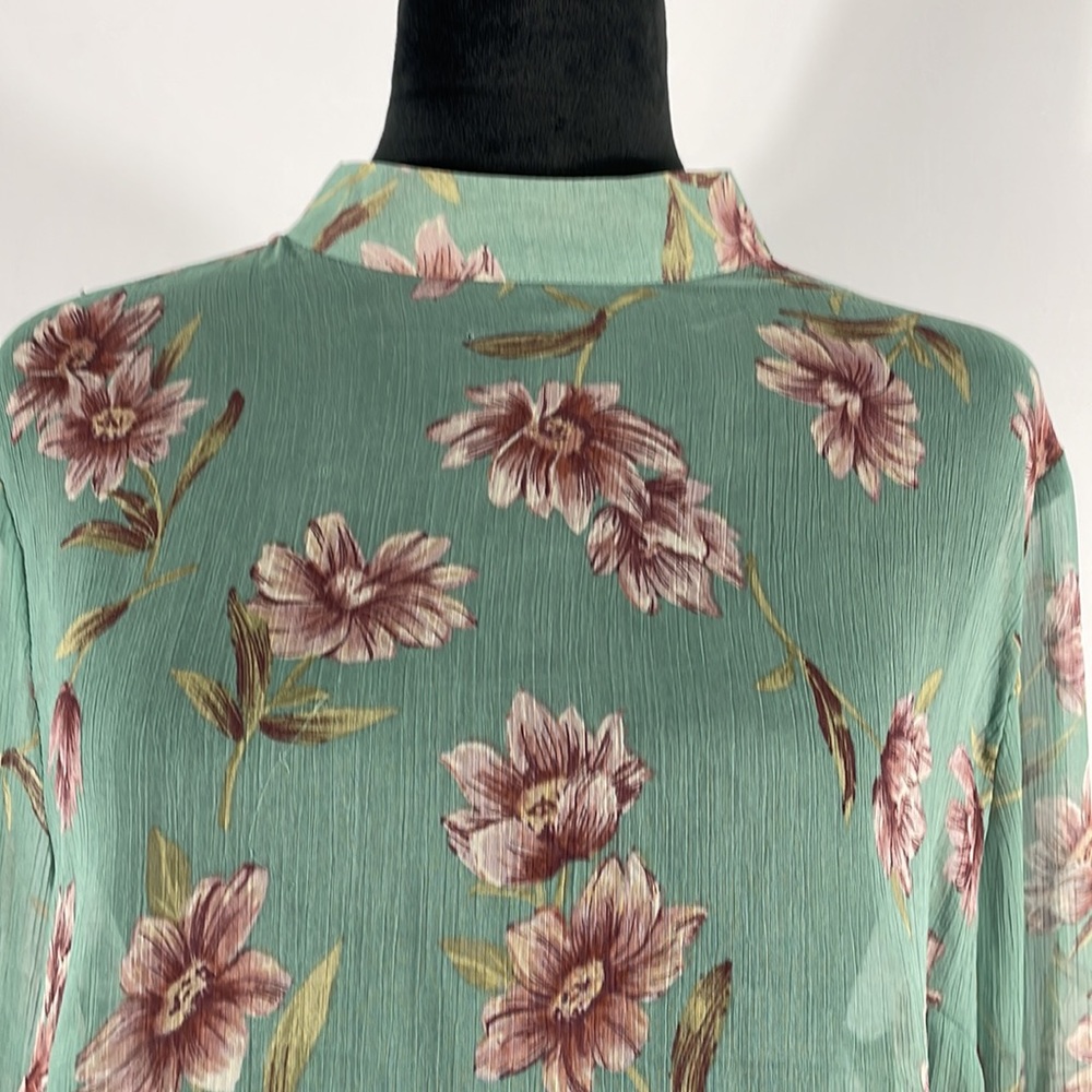 Floral Teal & Pink Sheer top,mock neck, long ruffle sleeve, flowy, XS - Picture 2 of 12